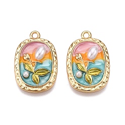 Разноцветный Стойки обшивки сплава эмали подвески, с ABS имитации жемчуга, без кадмия, без никеля и без свинца, золотой свет, овал с подвеской в виде листьев, красочный, 26.5x17.5x5 мм, отверстие : 1.8 мм
