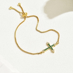 Зеленый Модные латунные браслеты-слайдеры с цепочкой-коробкой, браслеты с поперечными связями из кубического циркония для женщин, зелёные, 3/4x1 дюйм (2x2.5 см), внутренний диаметр: 2-3/8 дюйм (6 см) ~ 2-3/4 дюйм (7 см)