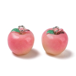 Pink Opaque Resin Imitation Fruit Pendants, Apple Charm, with Platinum Tone Iron Loops, Pink, 16.5x15x15.5mm, Hole: 2mm