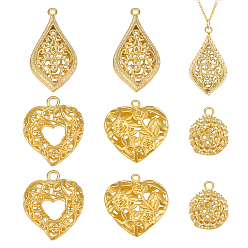 Золотой 8 шт. 4 стили латунные полые подвески, разнообразные, золотые, 19~34x15~25x7~11 мм, отверстие : 1.8~2.5 мм, 2 шт / стиль
