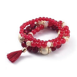 Красный Комплекты многослойных эластичных браслетов, штабелируемые браслеты, с акриловыми шариками, позолоченные бусины из сплава и подвески с кисточками из пряжи, красные, внутренний диаметр: 1-7/8~2-1/8 дюйм (4.9~5.3 см), 3 шт / комплект