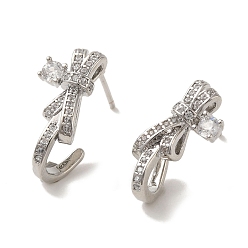 Platinum Brass Stud Earrings, Cubic Zirconia, Cadmium Free & Lead Free, Butterfly, Platinum, 19x7.5mm