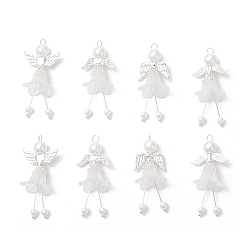 Серебро Подвески матовым акриловым, ангел, с фурнитурой из сплава и стеклянными жемчужными бусинами, серебряные, 46.5~48x17.5~22.5x17.5 мм, отверстие : 2.6~3 мм, 8 шт / комплект