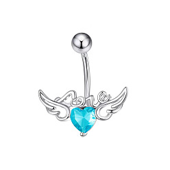 Голубой 304 изогнутые кольца для живота с подвеской из нержавеющей стали и кубическим цирконием, сердце с крыльями ангела, цвет нержавеющей стали, голубой, длина стержня: 3/8"(10мм), штифты : 1.2 мм