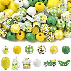 Mixed Shapes Lemon Theme Printed Wood Beads, Mixed Shapes, 9~24.5x12.5~24x4.5~19.5mm, Hole: 1.8~5mm, 100pcs/set