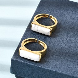Howlite Brass with Natural Howlite Cuff Open Rings for Women, Lead Free & Cadmium Free, Rectangle, Ion Plating(IP), 17mm