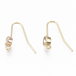 Real 18K Gold Plated Brass Micro Cubic Zirconia Earring Hooks, with Horizontal Loop, Nickel Free, Clear, Real 18K Gold Plated, 13mm, Hole: 1mm, 22 Gauge, Pin: 0.6mm
