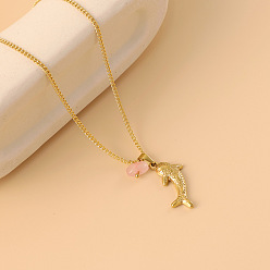 Pink Морской стиль 304 Подвеска в виде акулы из нержавеющей стали с натуральным драгоценным камнем для женщин, золотые, розовые, 17.32 дюйм (44 см)