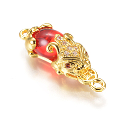 Красный Золотистые соединители из латуни, со стеклом и фианитом, Pi Xiu, красные, 27x9x7 мм, отверстие : 1 мм