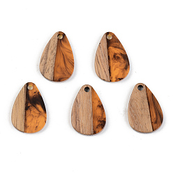 Orange Resin & Walnut Wood Pendants, Teardrop, Orange, 21.5x14.5x3mm, Hole: 2mm