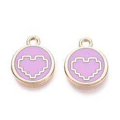 Violet Alloy Enamel Pendants, Rack Plating, Flat Round & Heart Charms, Golden, Violet, 13.5x11x1.5mm, Hole: 1.6mm