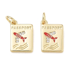 Roja Micro pavé de latón con circonitas cúbicas transparentes y dijes esmaltados, amuletos para pasaporte, sin plomo y cadmio, chapado en rack, larga duración plateado, real 18 k chapado en oro, rojo, 14x10x1.6 mm, agujero: 3.5 mm