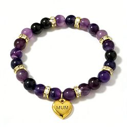 Аметист Браслеты из натуральных аметистовых круглых бусин на эластичной основе ко Дню матери, 304 женские браслеты с подвесками из нержавеющей стали, сердце со словом мама, золотые, 7.48 дюйм (19 см)