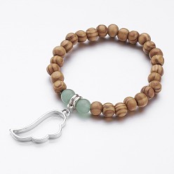 Frühlingsgrün Holz Perlen Stretch-Armbänder, Legierung Charme Armbänder, mit natürliche grüne Aventurine Kügelchen, Flügel, Frühlingsgrün, 2-1/8 Zoll (55 mm)