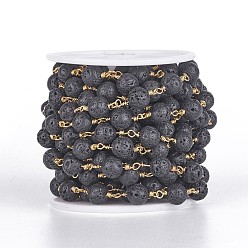 Lava Rock Handmade Natural Lava Rock Beaded Chains, Unwelded, with Brass Findings, with Spool, Round, Golden, 6mm, about 32.8 Feet(10m)/roll