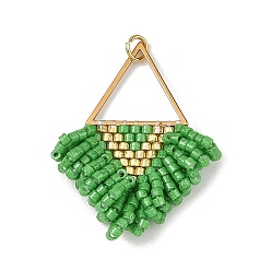 Lime Vert 304 Pendentifs à franges en acier inoxydable et perles de verre, charmes de triangle, avec anneau de saut, or, lime green, 37x29x5.5mm, Trou: 3mm