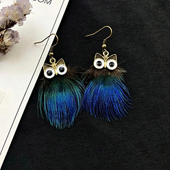 Royal Blue Alloy Enamel Dangle Earrings for Women, Owl, with Feather, Royal Blue, 45x45mm