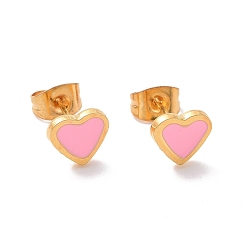 Pink 304 серьги из нержавеющей стали эмаль, с 316 хирургическим стержнем из нержавеющей стали, золотые, сердце, розовые, 7x7.5x2 мм, штифты : 0.8 мм