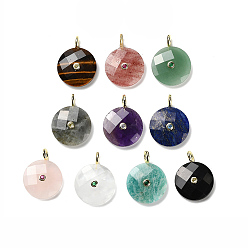 Смешанные камни Подвески с огранкой из натуральных смешанных драгоценных камней, плоские круглые прелести, с покрытием из золотистой латуни с микропаве из кубических цирконий, смешанные окрашенные и неокрашенные, 32.5~33x25~25.5x7~7.5 мм, отверстие : 4 мм