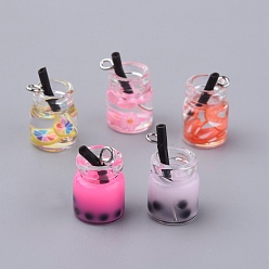 Mixed Color Glass Pendants, with Platinum Plated Brass Loops, Imitation Milk Tea Cup, Mixed Color, 20x11x11mm, Hole: 1.8mm