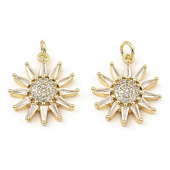 Lavender Blush Rack Plating Brass Micro Pave Clear Cubic Zirconia Pendants, Cadmium Free & Lead Free, Real 16K Gold Plated, Sun, Lavender Blush, 20x18x3.5mm