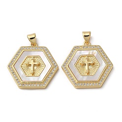 Real 18K Gold Plated Brass Micro Pave Cubic Zirconia Pendants, Cadmium Free & Lead Free, with Shell, Hexagon with Cross, Real 18K Gold Plated, 24x24x4mm, Hole: 4x3.5mm