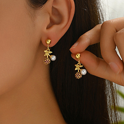 Вишня Латунные качают серьги, с имитацией жемчуга, золотые, с кубического циркония, вишня, 26x14 мм