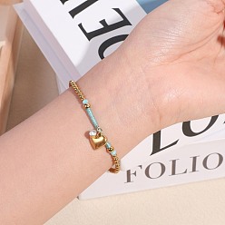 Бледно-бирюзовый 304 Браслеты из нержавеющей стали, стекла и стразов, 304 Женские браслеты из круглых бусин из нержавеющей стали, сердце, золотые, бледные бирюзовая, 6.89 дюйм (17.5 см)