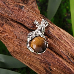 Тигровый глаз Плоские круглые подвески из натурального тигрового глаза, металлические леопардовые шарики с драгоценными камнями, платина, 27 мм