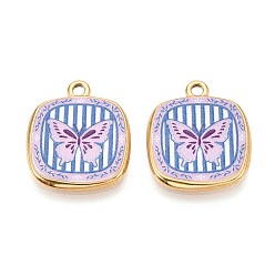 Бабочка Печатный стиль 304 квадратные подвески из нержавеющей стали, ионное покрытие (ip), реальный 18 k позолоченный, бабочка, 21x18x2 мм, отверстие : 1.8~2 мм