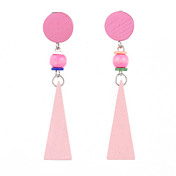 Gray Pear Wood Dangle Earrings, with Polymer Clay Heishi Beads(Random Color) and 304 Stainless Steel Stud Earring Findings, Triangle, Gray, 74mm, Pin: 0.6mm