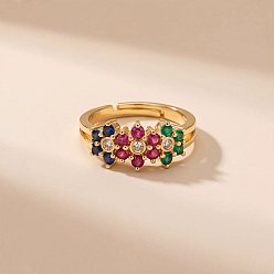 Golden Adjustable Brass Micro Pave Cubic Zirconia Cuff Open Rings for Women, Flower, Golden, US Size 4 1/4(15~20mm)
