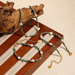 Камень с Зелеными Точками Круглые браслеты из натуральной зеленой яшмы с бусинами, золотые браслеты из нержавеющей стали для женщин, с пресноводным жемчугом
