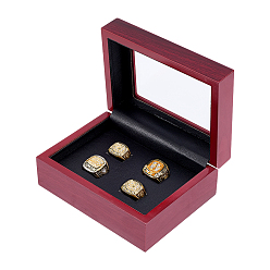 Deep Pink 4-Slot Wooden Championship Ring Organizer Boxes with Acrylic Visible Window Lid and PU Leather Inside, Rectangle, Deep Pink, 16x12.1x7.15cm