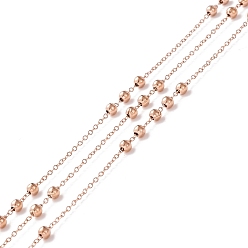 Розовое Золото Ионное покрытие (ip) 304 сателлитные цепи из нержавеющей стали, кабельные цепочки с круглыми бусинами, пайки, с катушкой, розовое золото , ссылка: 1.5x1x0.2 mm, бусины : 3 мм, около 32.8 футов (10 м)/рулон.м