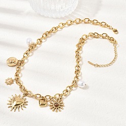 Золотой 304 Женские подвески в форме солнца и сердца из нержавеющей стали и смолы, с пластиковой имитацией жемчуга, белые, золотые, 15.94 дюйм (40.5 см)