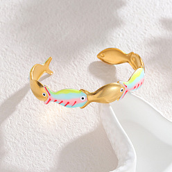 Разноцветный 304 эмалированные браслеты-манжеты из нержавеющей стали для женщин, рыба, реальный 18 k позолоченный, красочный, внутренний диаметр: 2.44 дюйм (6.2 см)