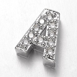 Letter A Platinum Plated Brass Micro Pave Cubic Zirconia Letter Slide Charms, Letter.A, 9.5x8x4mm, Hole: 4.5x1.5mm