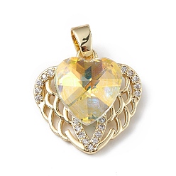 Light Khaki Real 18K Gold Plated Rack Plating Brass Micro Pave Clear Cubic Zirconia Pendants, with Glass, Long-Lasting Plated, Cadmium Free & Lead Free, Heart Charm, Light Khaki, 19x19x8mm, Hole: 5x3mm