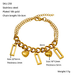 Rectangle День святого Валентина 304 браслеты из нержавеющей стали с подвесками, браслеты-цепочки для женщин, золотые, прямоугольные, 7.09 дюйм (18 см)