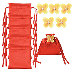 Red Satin Cloth Drawstring Pouches with Flower, Rectangle, Red, 15x15cm