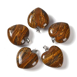 Tiger Iron Natural Tiger Iron Pendants, Heart Charms, with 304 Stainless Steel Snap on Bails, Stainless Steel Color, 32~33x30x14~15mm, Hole: 7.5x4mm