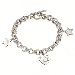 Silver 304 Stainless Steel Heart Star Charm Double Ring Link Chain Bracelets for Women with OT Clasps, Silver, 7.48 inch(19cm)