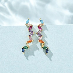 Coloré Boucles d'oreilles à clous en laiton pavé de zirconiums cubiques, oeil de cheval, réel 18 k plaqué or, sans cadmium et sans plomb, plaqué longue durée, crémaillère plaquage, colorées, 21x6x7.5mm