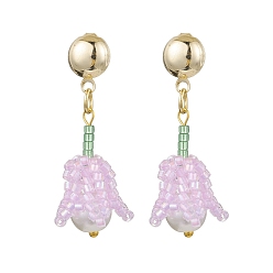 Лиловый Серьги-гвоздики из цветка из стеклянного бисера ручной работы, с пластиковой жемчужины, золотые, сирень, 39x14 мм