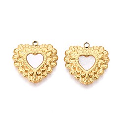 Настоящее золото 14K 304 подвески из нержавеющей стали с натуральными белыми ракушками, сердце прелести, цвет морской раковины, реальный 14 k позолоченный, 18.5x18x2.5 мм, отверстие : 1.5 мм