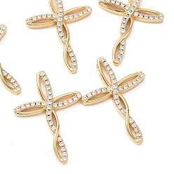 Real 18K Gold Plated SHEGRACE Brass Clear Cubic Zirconia Pendants, Hollow Cross Charms, Cadmium Free & Lead Free & Nickel Free, Real 18K Gold Plated, 26.5x19.5x4mm, Hole: 4.5x2.5mm