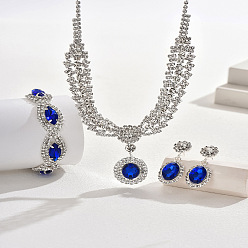 Капри Синий Овальные и конские глаза латунные ожерелья, браслеты и комплекты серег со стразами, Капри синий, ожерелья: 13.39 дюйм(340мм); браслеты: 7.48 дюйм(190мм); серьги: 35x15мм