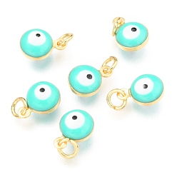 Turquoise Brass Enamel Charms, Real 18K Gold Plated, Long-Lasting Plated, with Jump Ring, Evil Eye, Turquoise, 9.5x6.5x4.5mm, Hole: 2.5mm