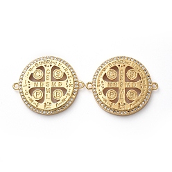 Прозрачный Золотые тона латунь микропаве из кубического циркония, плоский круг с крестом и словом, прозрачные, 22x26x3 мм, отверстие : 1.4 мм